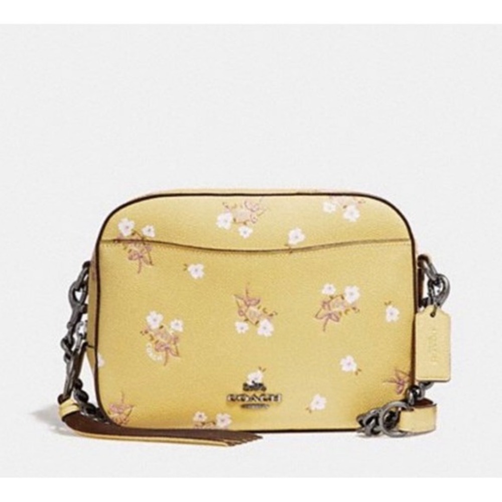 Coach Jes Crossbody Bag Yellow Floral Bow Print Leather Camera Bag F81001
